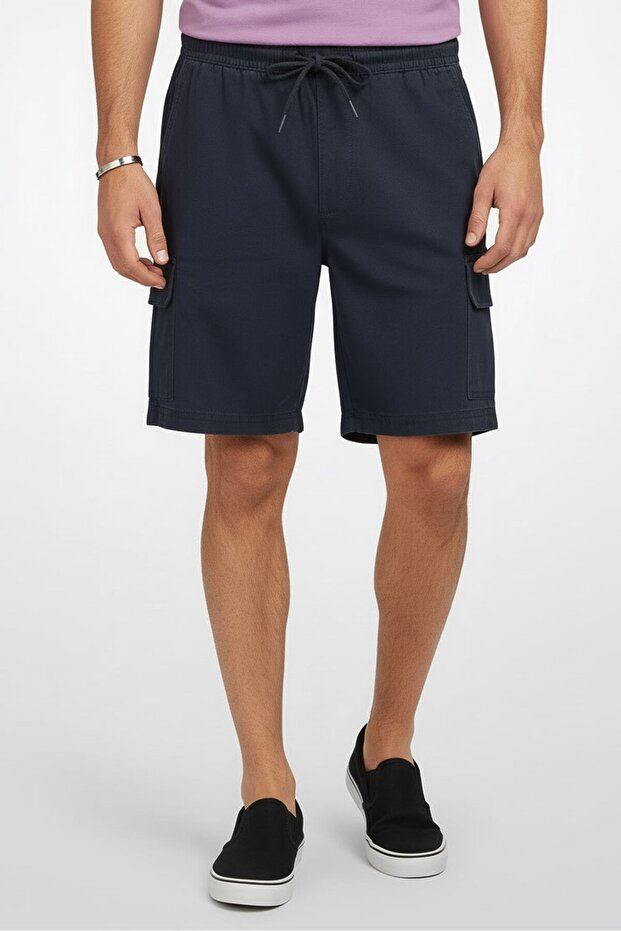 Men Plain Cargo Shorts, Navy Blue - 1