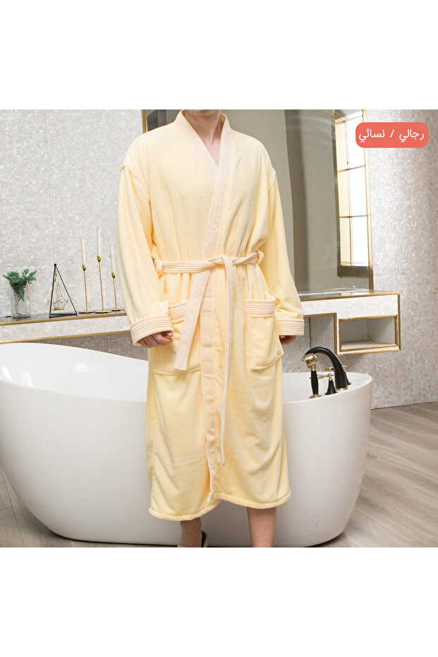 Luxury Bathrobe XL – Soft Plush Unisex Bath Robe with Belt & Pockets – Creamy Off White / Light Yellow