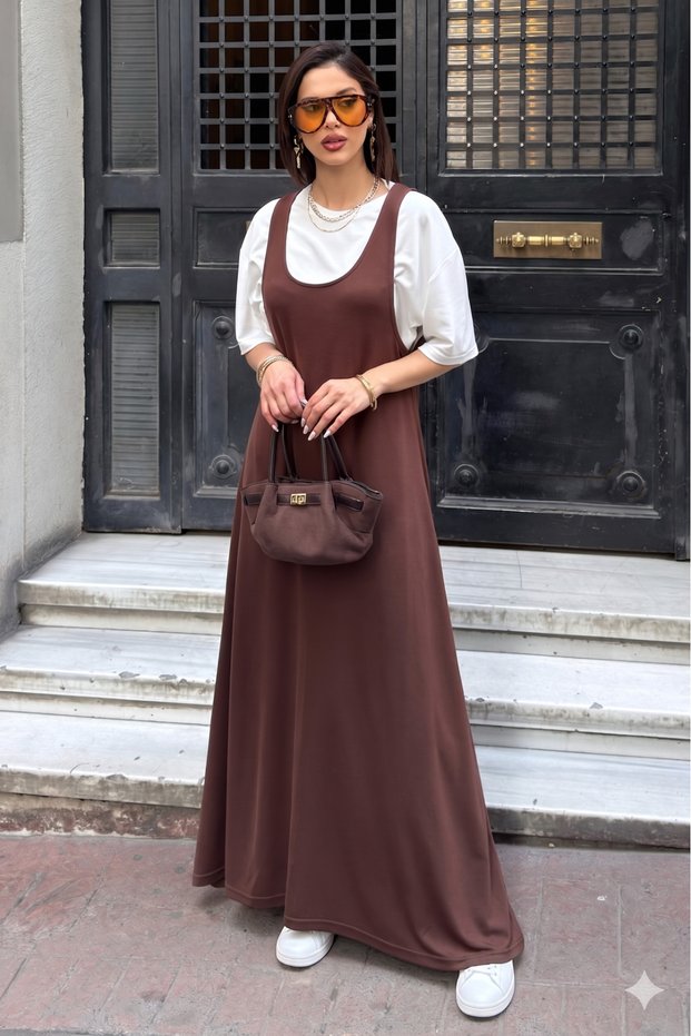 Women's T-Shirt Detailed Modal Textured Double Piece Dress