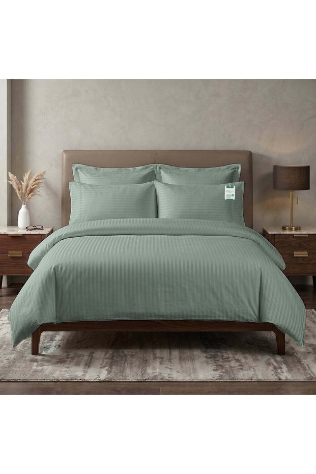 Egyptian Cotton 6 Piece Stripe Duvet Cover Set 220x240cm Seige Green