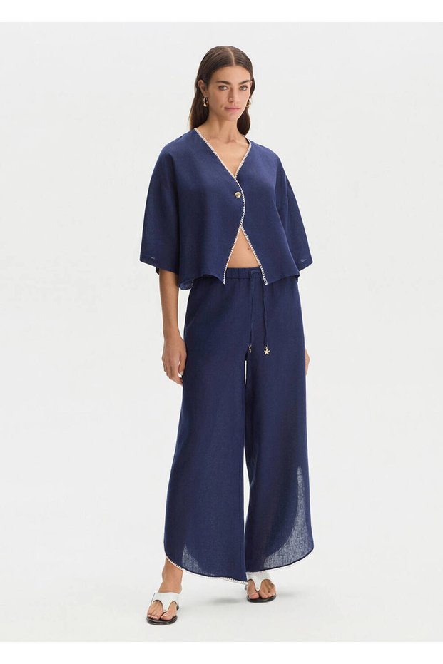 Navy Blue Slit Detailed Linen Trousers