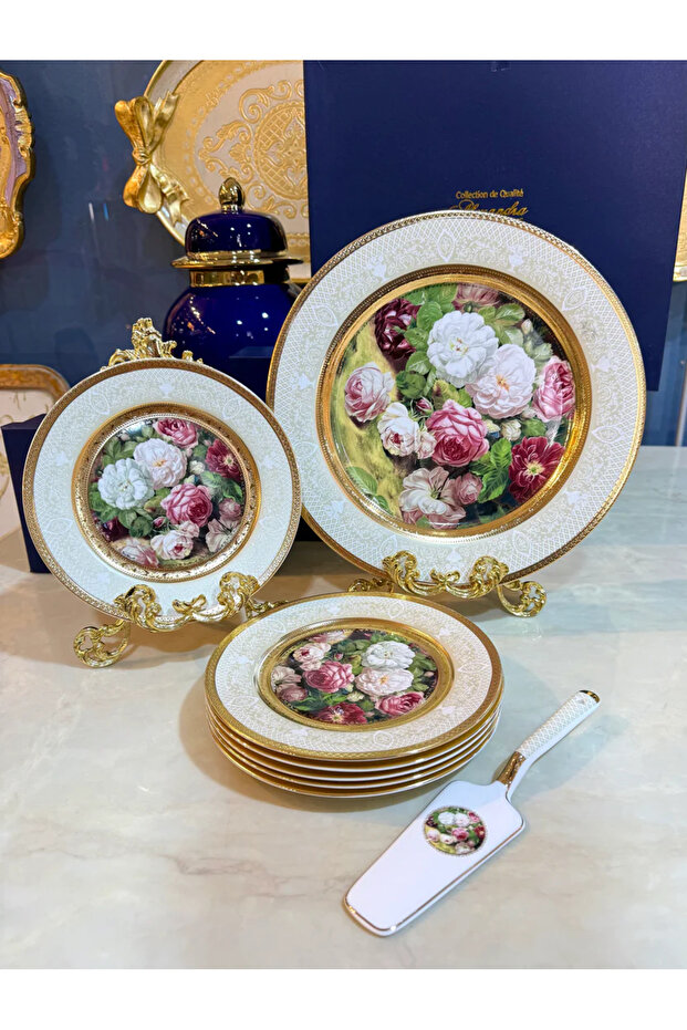 Limoges Flower Cake Set (1 Large Plate & 6 Serving Plates)