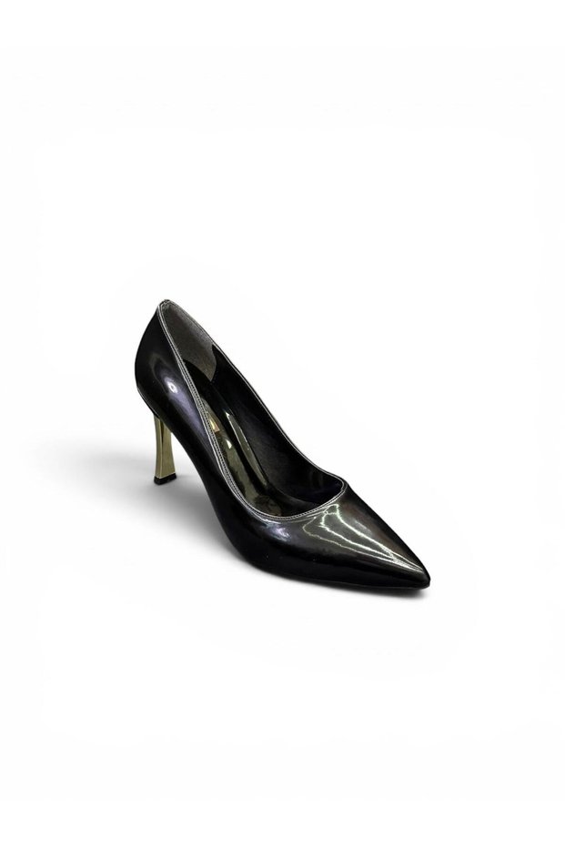 Patent Leather Women's Heeled Evening Dress Shoes Gold Detailed Stiletto Flat Open Back
