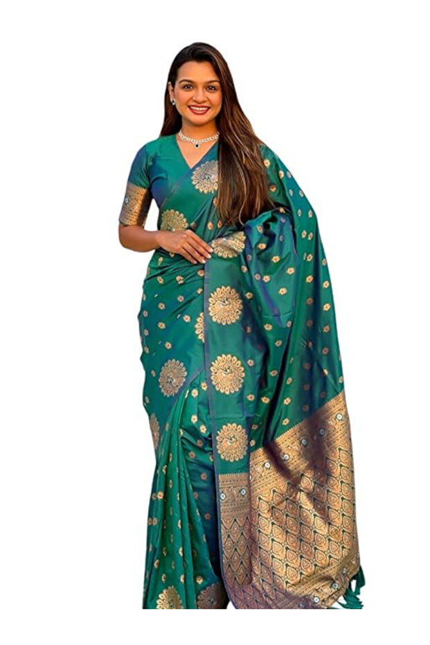 Teal & Gold Moonga Silk Saree with Zari Motifs - KTZ0000 | Blue