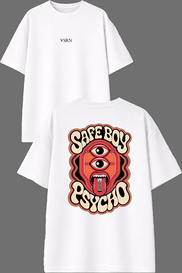 تي شيرت أبيض كبير الحجم بتصميم Safe Boy مطبوع من الأمام والخلف