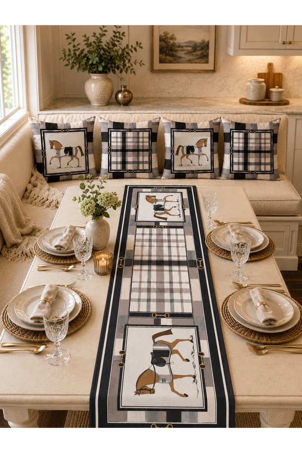 Plaid Patterned Vintage Horse Figured Luxury Runner and Set of 4 Throw Pillow Covers