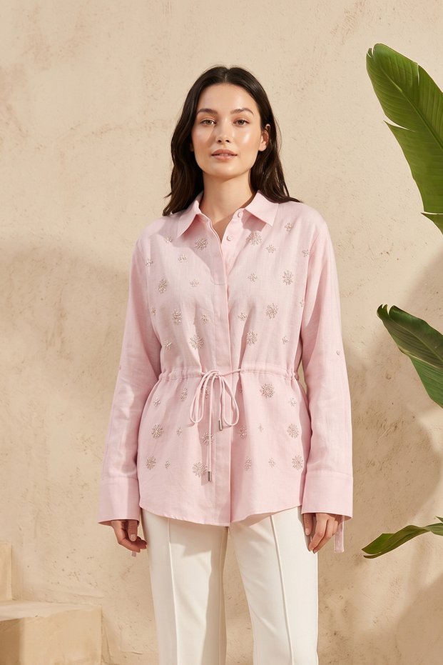 Stella Veil Shirt with Bead Embroidery on the Top and String Tie at the Waist 5265 Pink