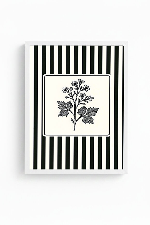 White Wooden Framed Flower Patterned Painting - Black and White Lines | Huhu1341