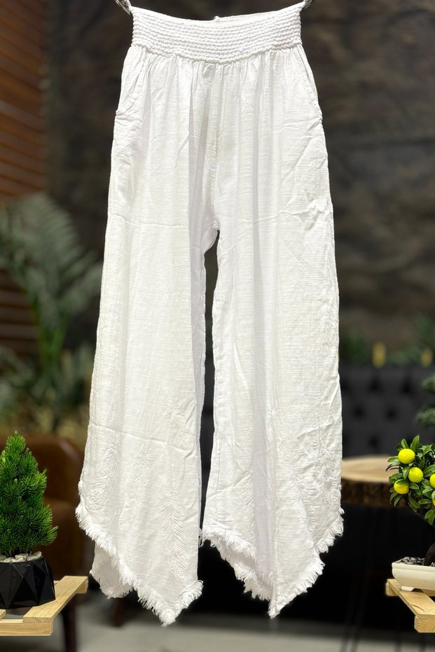 Wide Leg Linen Trousers with Feather Embroidery