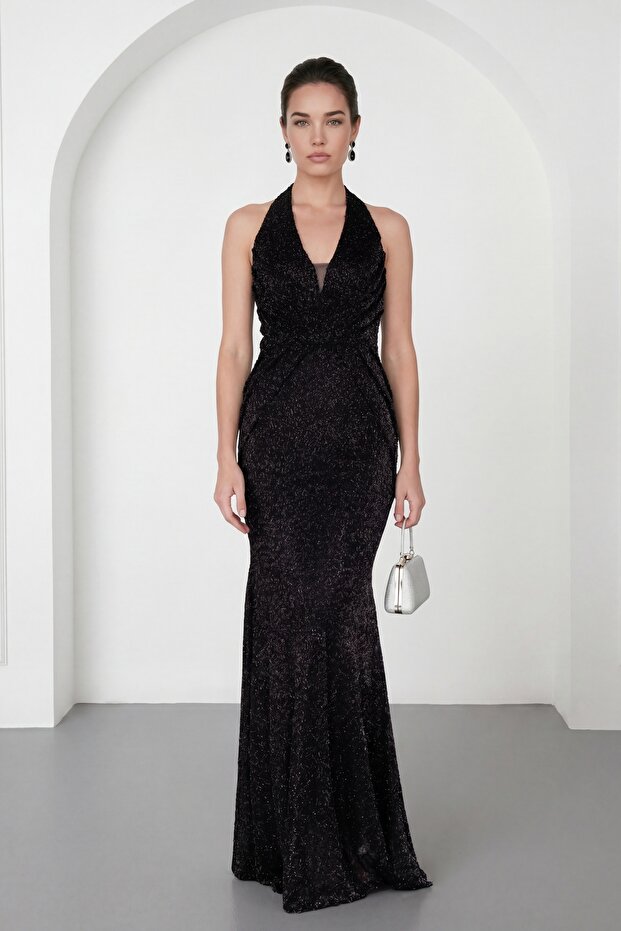 Women's Black Halter Neck Backless Long Beaded Evening Dress