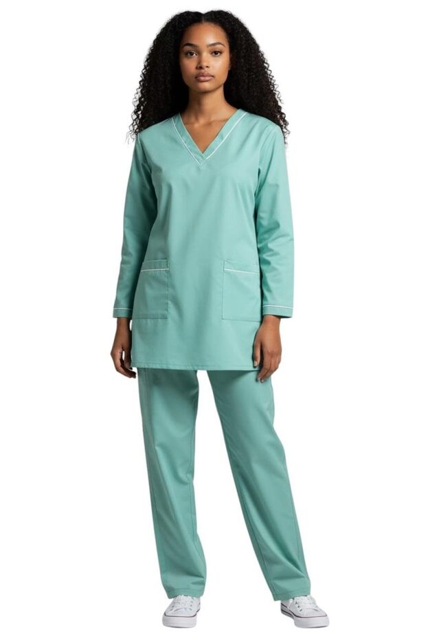 DEEs fashion Professional Scrub Medical Uniform with Piping, Housemaid uniform 3/4 Sleeve Top and Pants Set (light green, L)