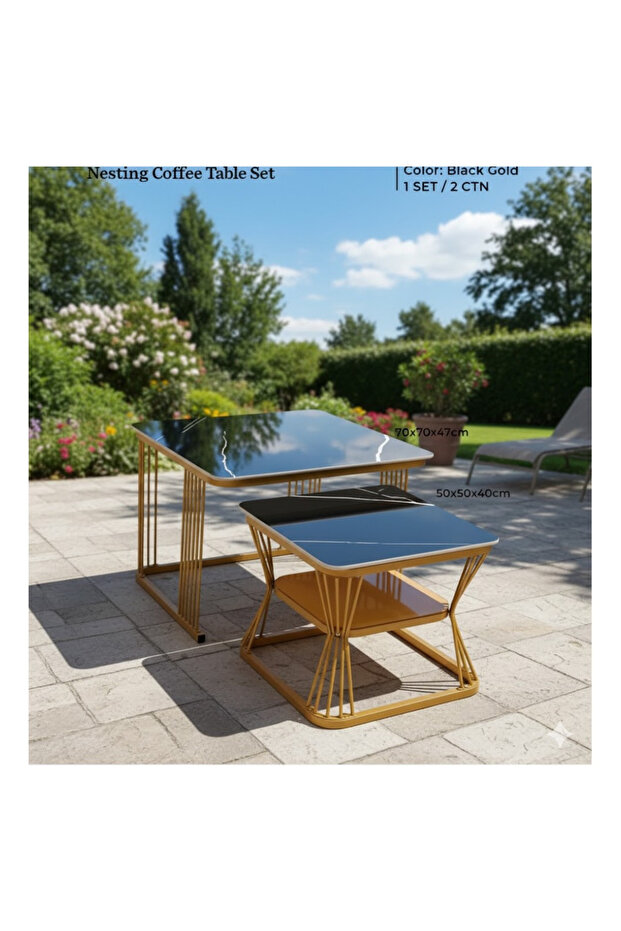 Square Nesting Coffee Table Set - 2 Pieces,black Marble Top & Geometric Gold Base