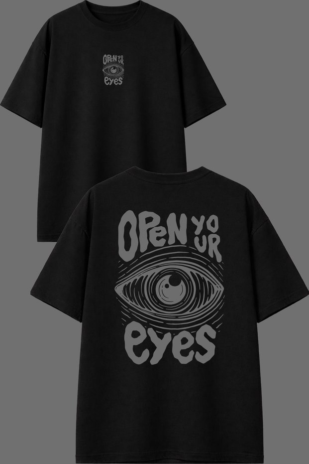 Open Eyes Design Front and Back Printed Black Oversize T-Shirt