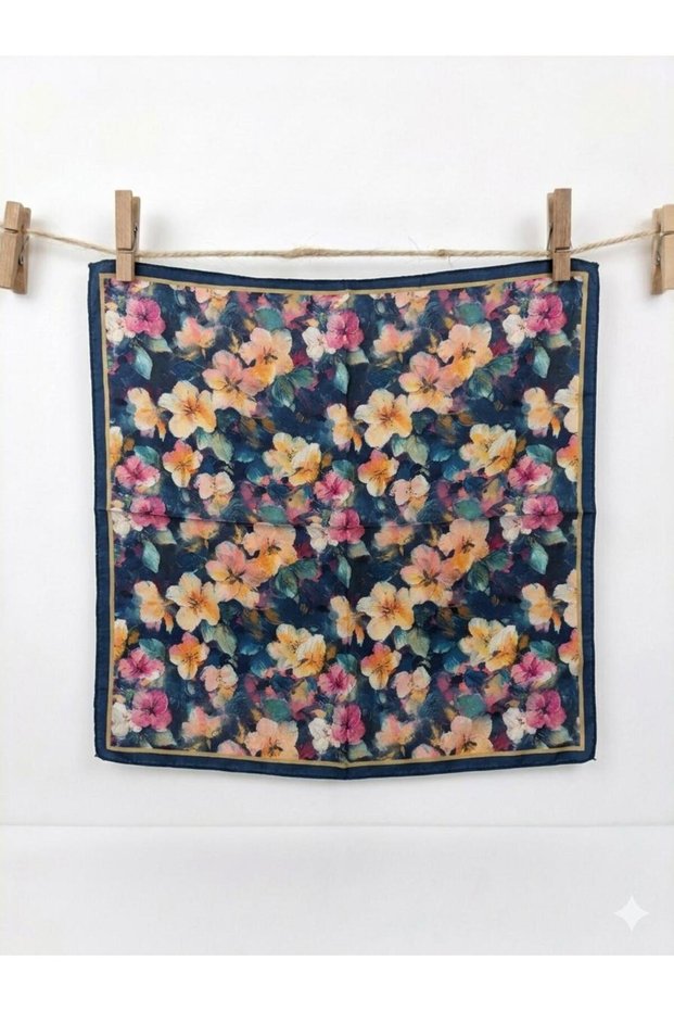 Navy Blue Oil Painting Breeze Soft Cotton Scarf (50X50 cm)