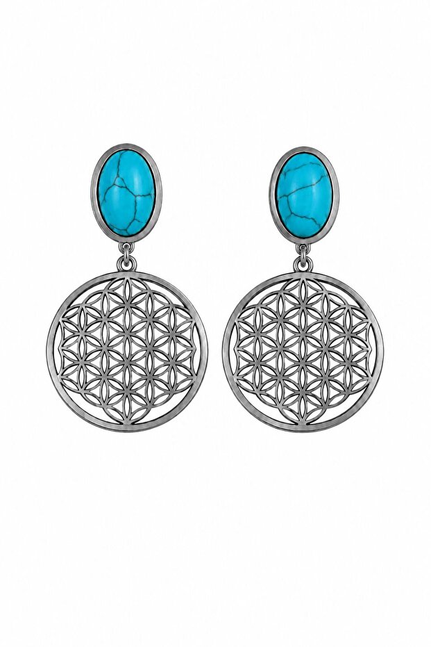 Gold Eye | Turquoise Stone Flower of Life Patterned Dangle Earrings for Women