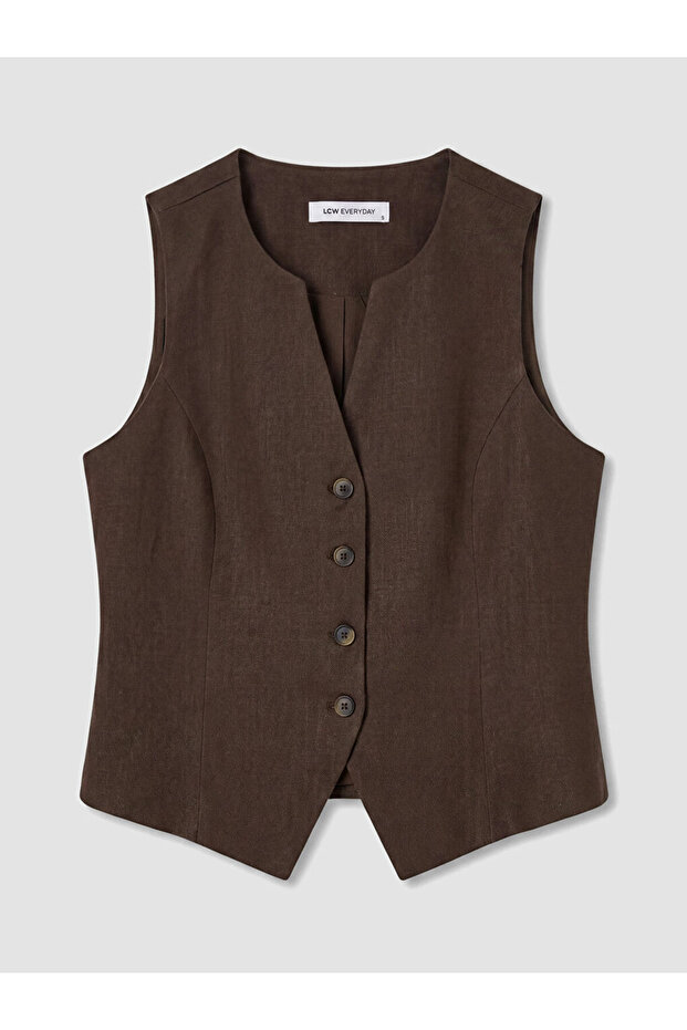 Brown V-Neck Linen Blend Women's Vest by Güli̇s Gi̇yi̇m