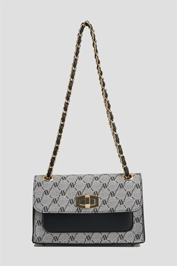 426 Chain Detail Gray Dot Patterned Women's Crossbody Bag