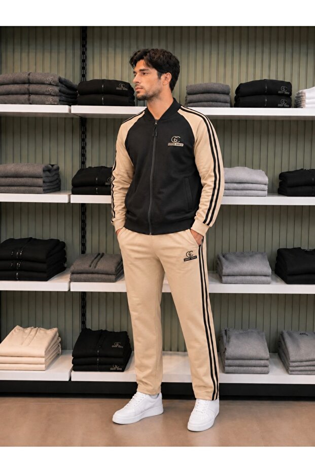 Men's summer/seasonal 2-thread combed cotton wide-leg tracksuit set - black & beige