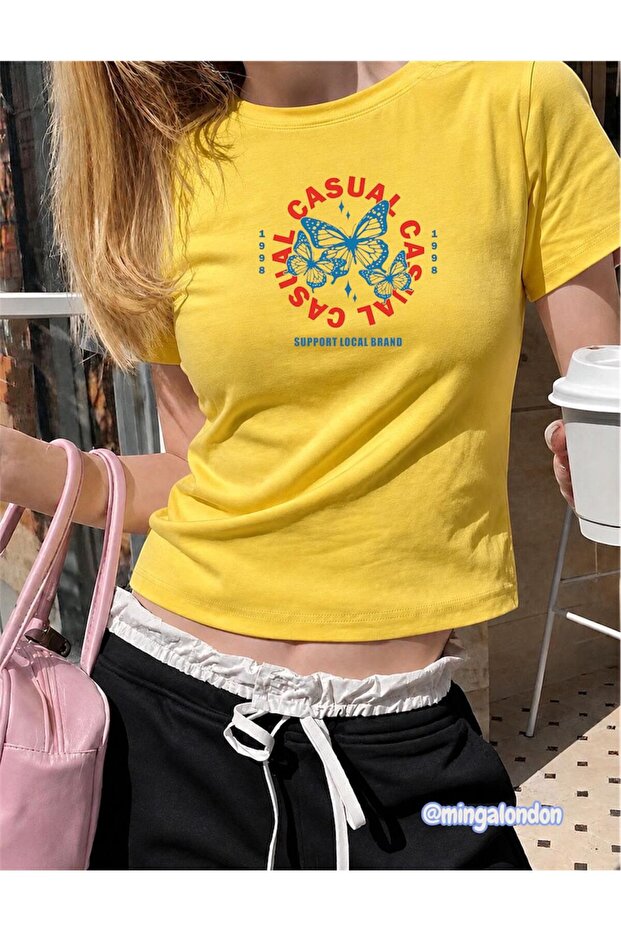 Casual Printed Yellow Color Woven Fabric Belt Length Crop