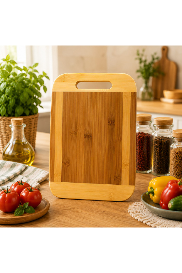 لوح تقطيع من الخيزران الطبيعي مع مقبض | لوح تقطيع وتقديم اللحوم والخضروات والفواكه