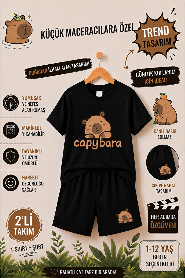 Capybara Mini Adventurer Printed Kids' Set – T-Shirt & Shorts 2-Piece Combination | Trendy Summer Set for Ages 1-12