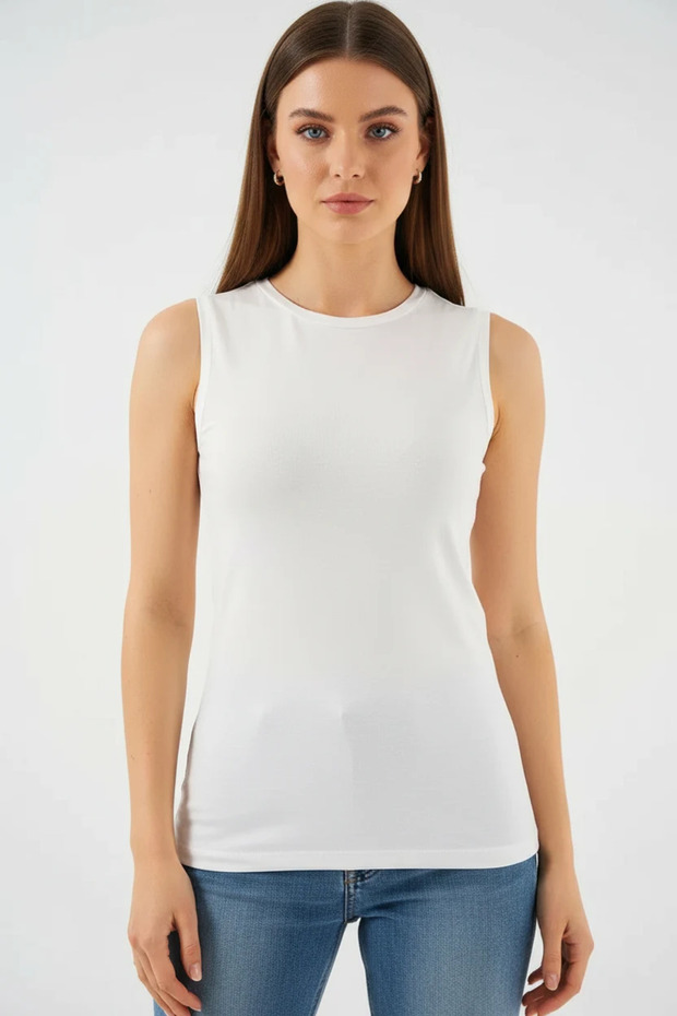 Women's Round Neck Sleeveless Viscose Ecru Bodysuit