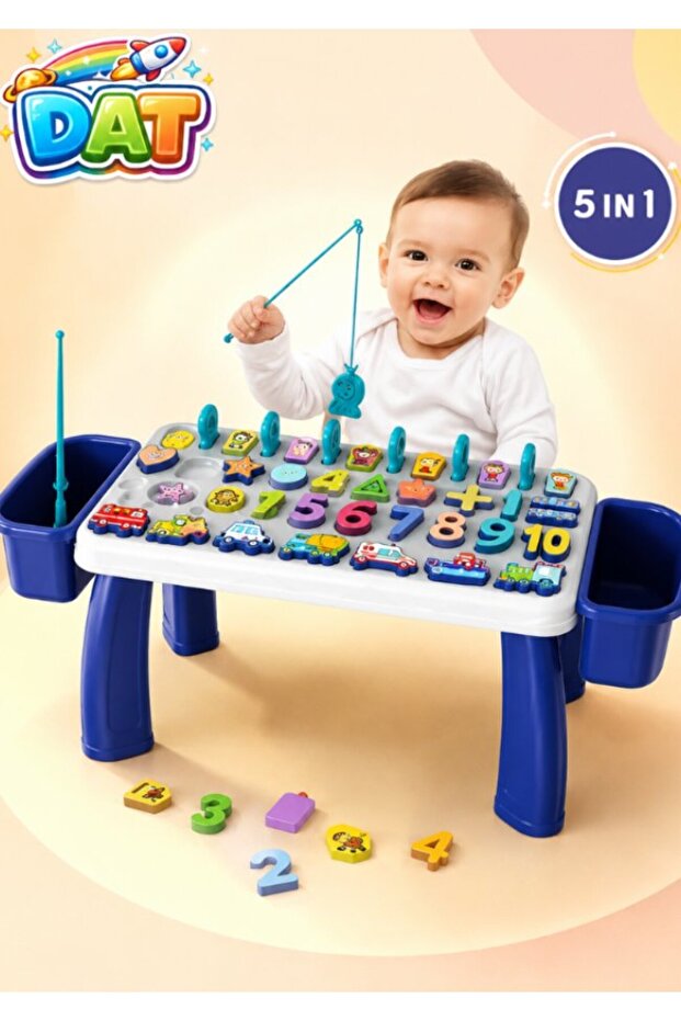 3-in-1 Early Education Activity Table with Number & Shape Puzzles and Side Storage Bins, 54.5CM, Navy Blue