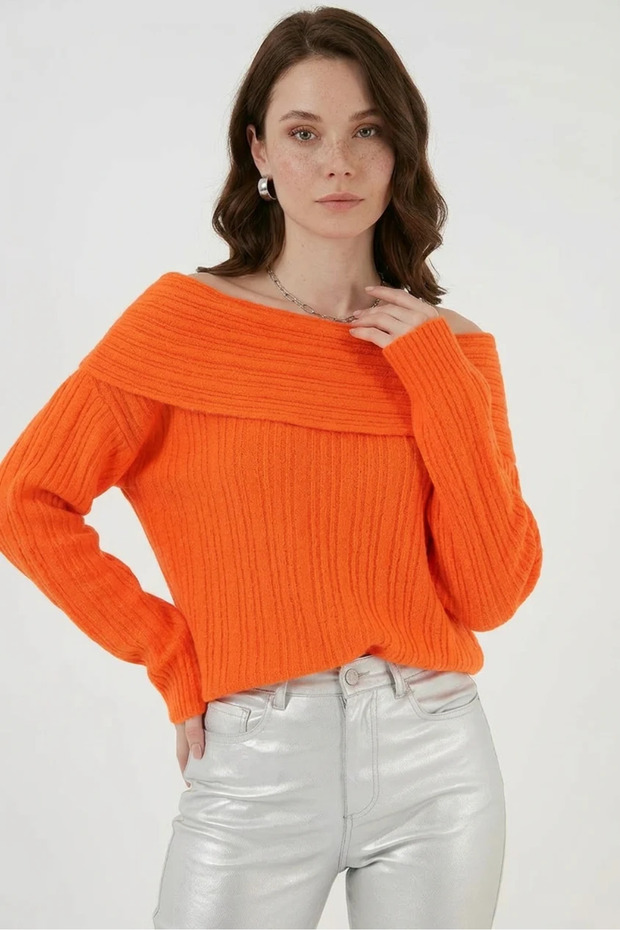 Women's Oversize Open Shoulder Knitwear Orange Sweater