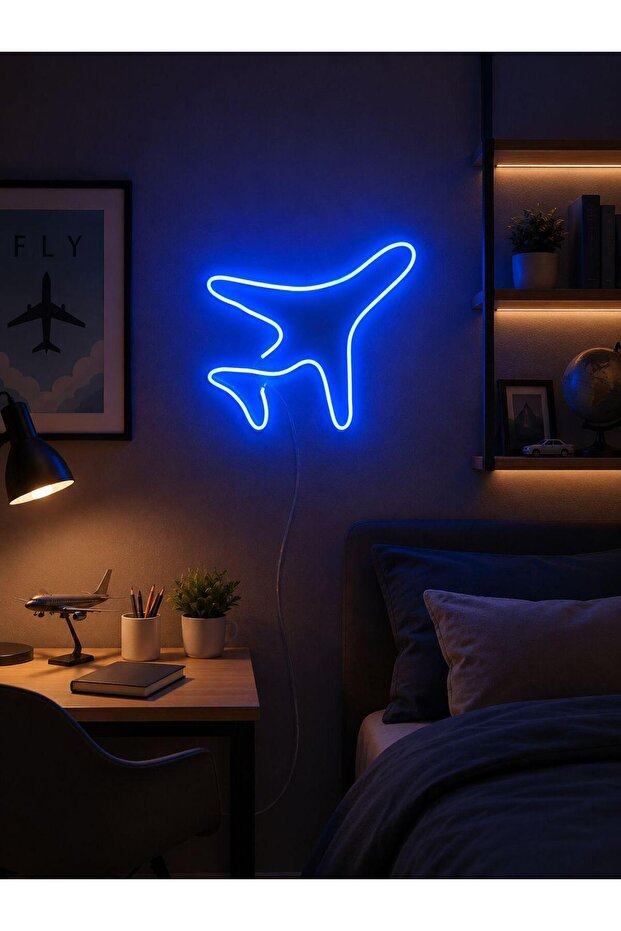Uçak Figürlü LED Neon Duvar Tablosu | Mavi Aydınlatmalı Modern Dekor | Çocuk Genç Odası - 1