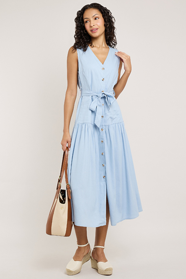 Solid Sleeveless Midi Dress with V-Neck