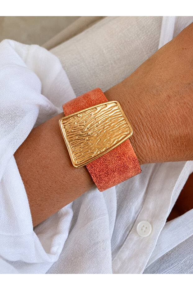 Orange Shiny Leather Gold Charm Magnetic Multi-Design Bracelet