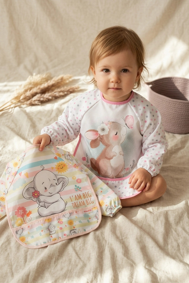 Set of 2 Liquid-Proof Long Sleeve Bibs 6-24 Months - Blw Compatible, with Crumb Pockets, Soft Textured t