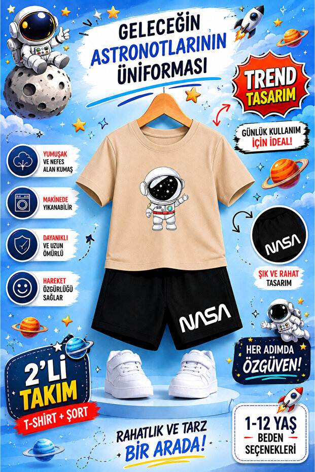 Nasa Astronaut Themed Kids' Set – Future Astronauts' Uniform |   2-Piece T-Shirt & Shorts Set