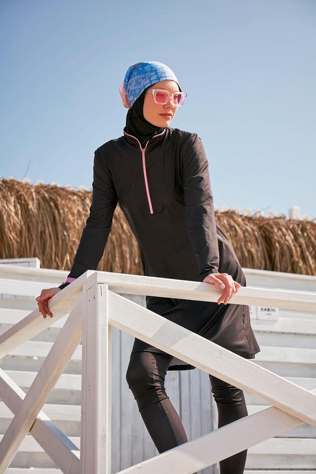 Black Full Covered Hijab Swimsuit 4-Piece Lycra Swimsuit Set M2330