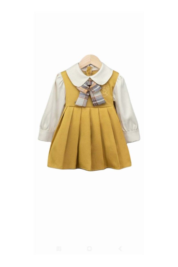 Girls Pleated Dress with Peter Pan Collar, Mustard Yellow and White, Long Sleeve, Plaid Bow Detail, Party dress