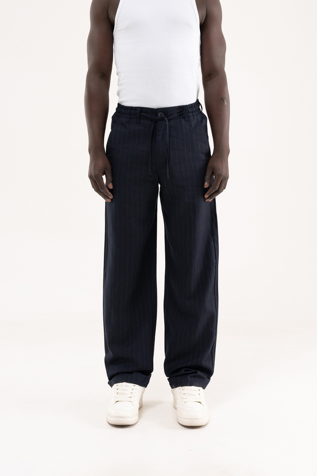 Men's Linen Striped Lace-Up Trousers Navy Blue