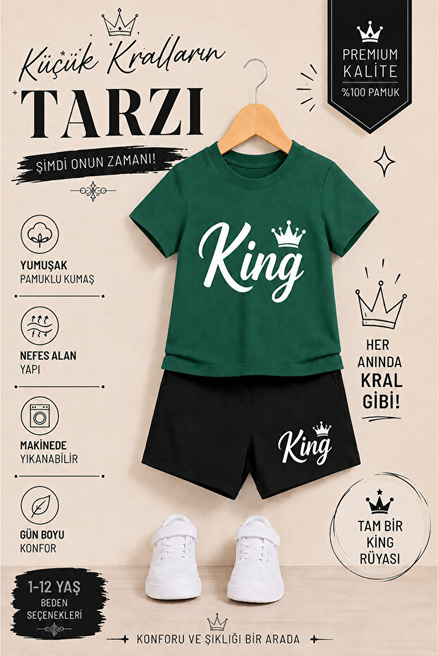 King Printed Kids' Set – T-Shirt & Shorts 2-Piece Combination | Trendy Summer Set for Ages 1-12