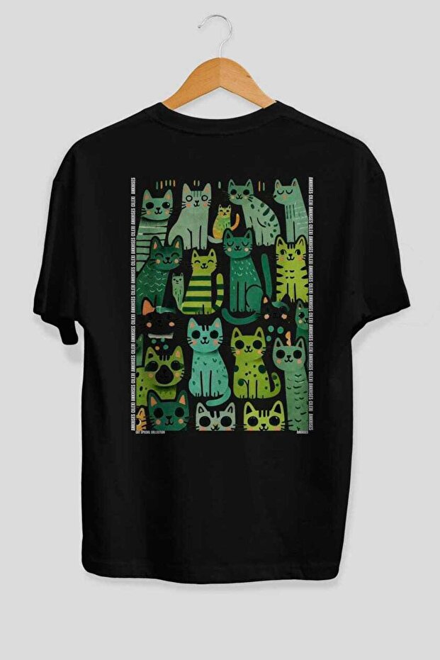 92 Cats for Cat Lovers Printed Black Oversize T-Shirt 100% Cotton Unisex Cat Lover Premium Design
