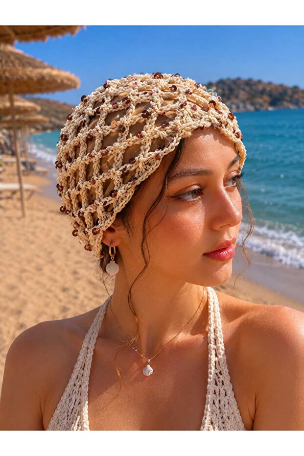 Women's Handmade Mesh Knitted Beaded/Sequined Bandana Beanie Hat