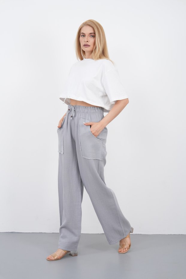Muslin Palazzo Trousers Women's Summer Loose Wide Leg Casual Comfortable Elastic Waist Pocketed Daily Stylish Trousers