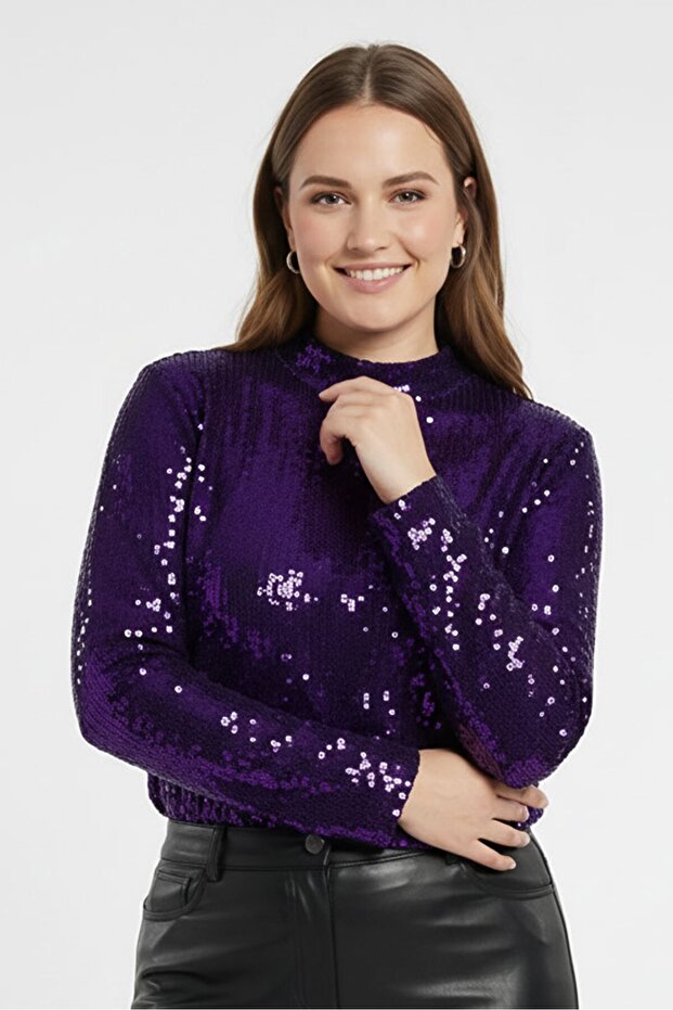 Women Mock Neck Sequin Long Sleeve Top, Purple