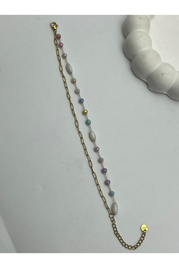 26Blk39 - Pastel Beaded Gold Steel Bracelet
