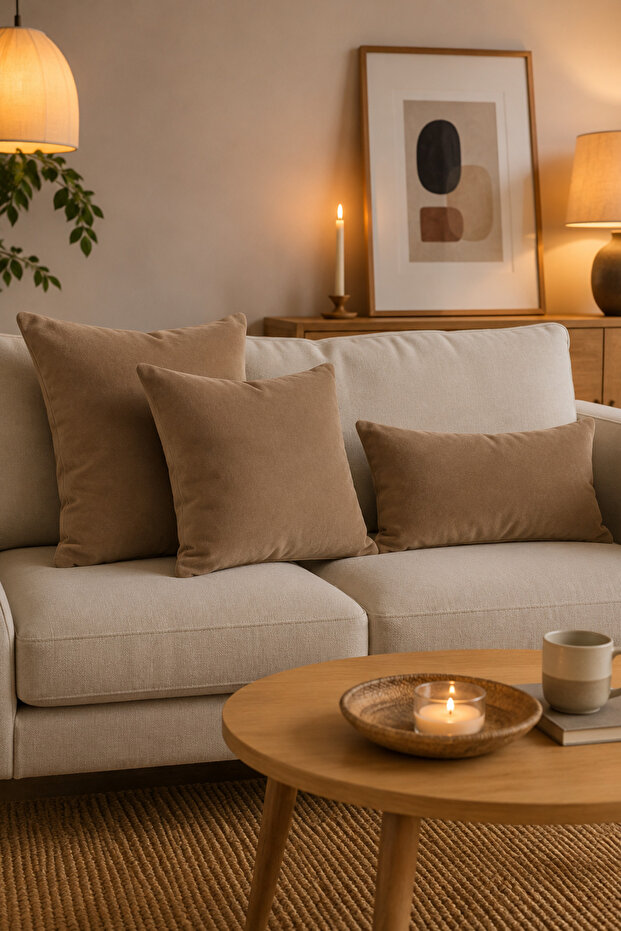 Light Brown Velvet Textured Decorative Throw Pillow Cover - Zippered - 1 Piece