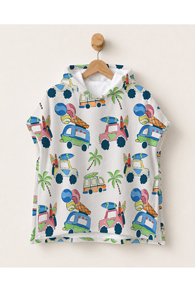 100638 – Boy's Caravan Vacation Patterned Poncho Towel 60X60 cm Hooded Sea Towel
