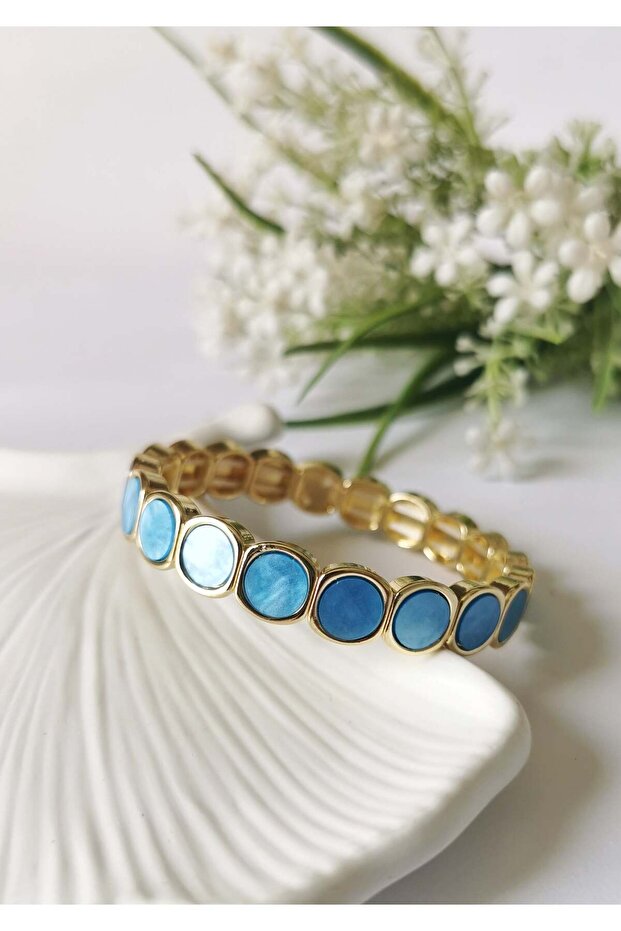 Round Stone Steel Elastic Bracelet – Blue