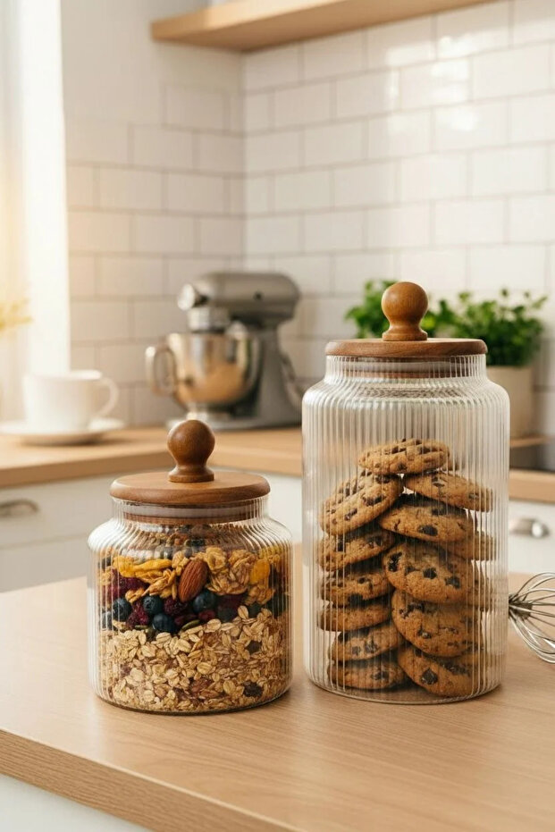 Mien Striped 2-Piece Glass Jar Set | Storage Container with Lid 900ml - 1700ml