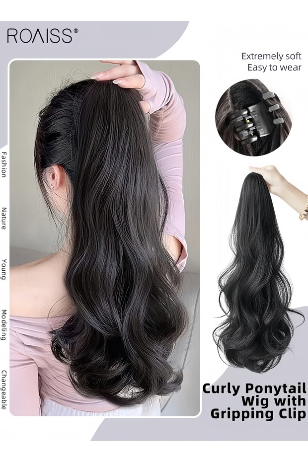 Long Wavy Ponytail Hair Extension Mini Claw Clip Synthetic Natural Soft Hairpiece for Women Girls Daily and Party Use (40cm,Natural Black)