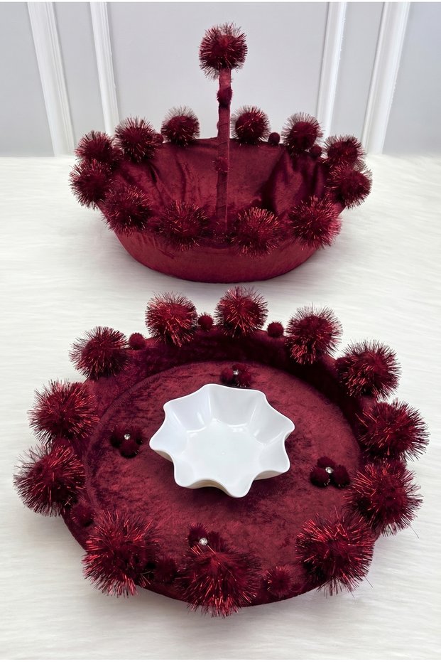 Burgundy Bridal Velvet Henna Night Tray and Basket, with Glitter Pompoms, Wedding, Engagement, Promise