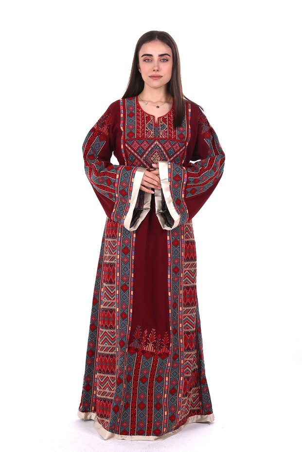 Ladies Printed Jalabiya - Full-Sleeve crepe Dress with belt and All Over Prints
