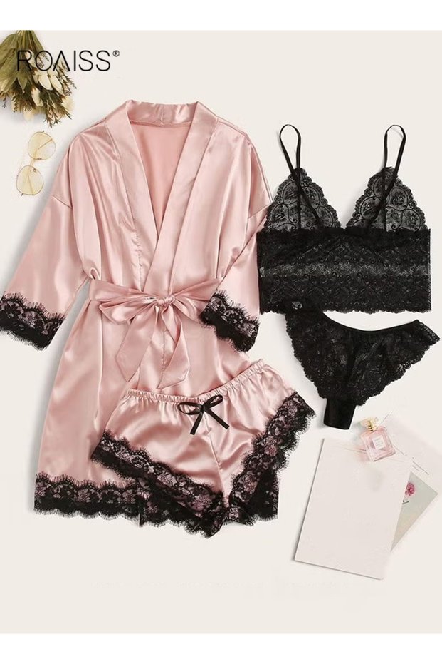 4 Pack Women's Nightwear Set, Lace Trimmed Lightweight Silk Satin Sleepwear Pajama, Ladies Summer Br